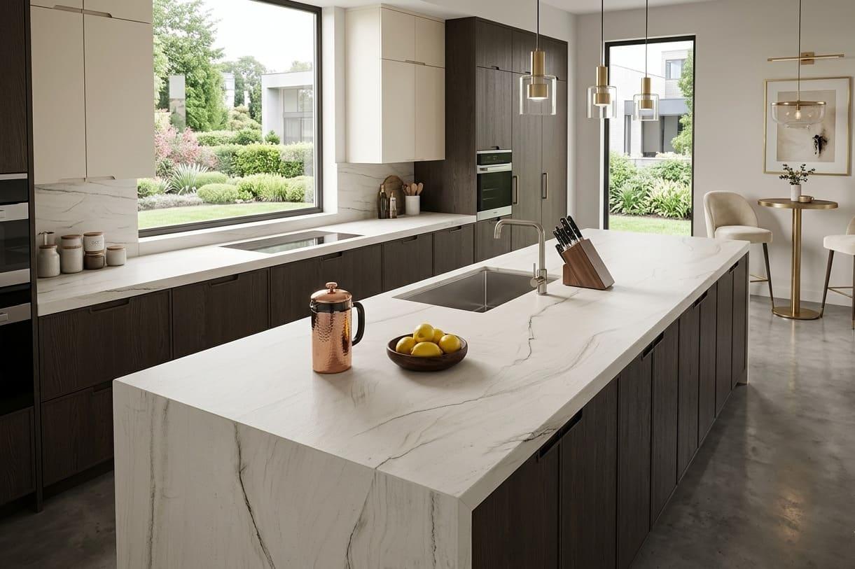Modern kitchen island featuring Mont Blanc quartzite leathered countertops