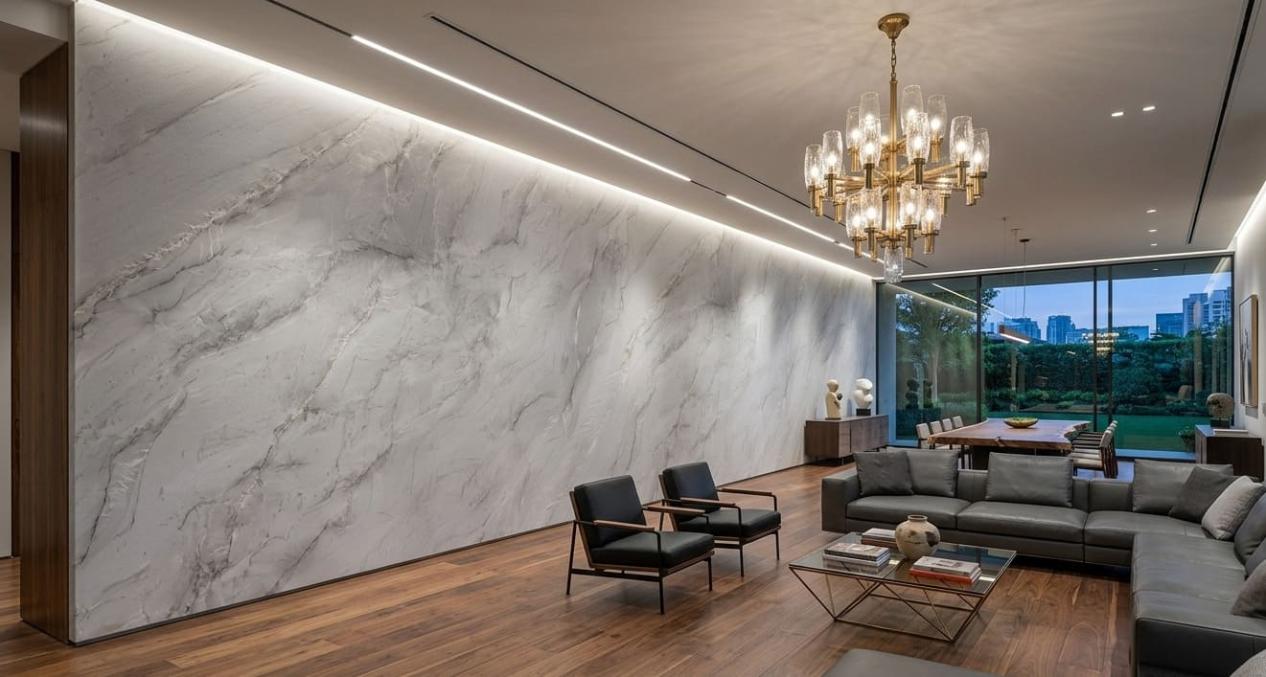 Contemporary living area with a large Mont Blanc quartzite leathered wall