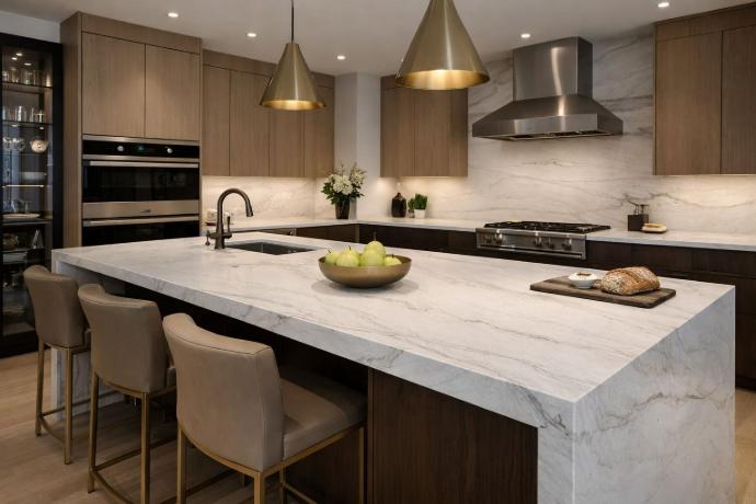 Mont Blanc quartzite island countertop with polished white surface and gray veining in a modern kitchen