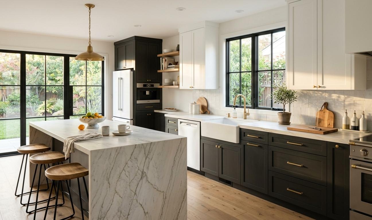 Honed Mont Blanc Quartzite countertop in a modern white kitchen
