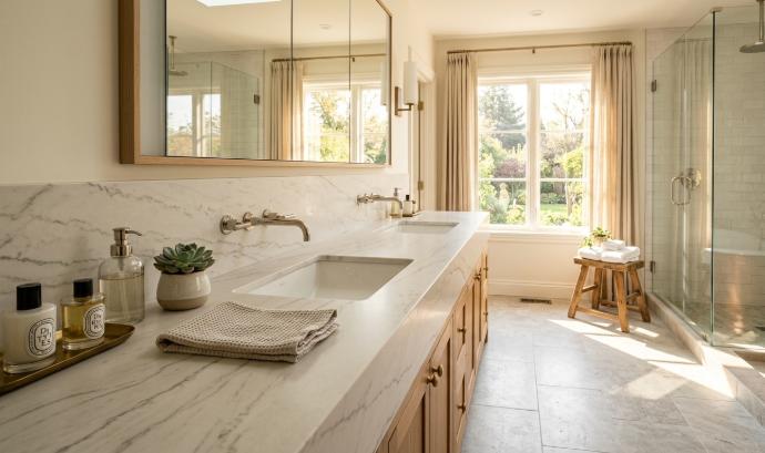 Large-format Mont Blanc Quartzite bathroom countertop with seamless slab surface