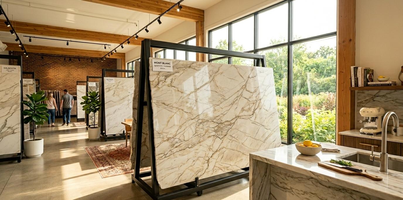 Mont Blanc Quartzite natural stone slab available at showroom