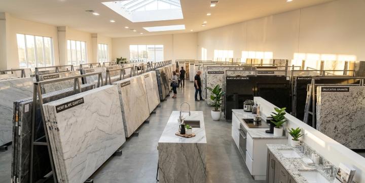 Natural stone slab showroom displaying quartzite and granite slab