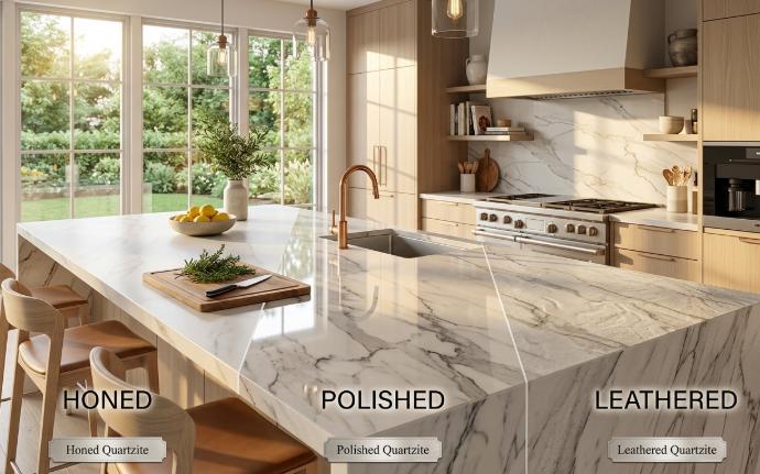 Comparison of honed, polished, and leathered quartzite stone finishes side by side