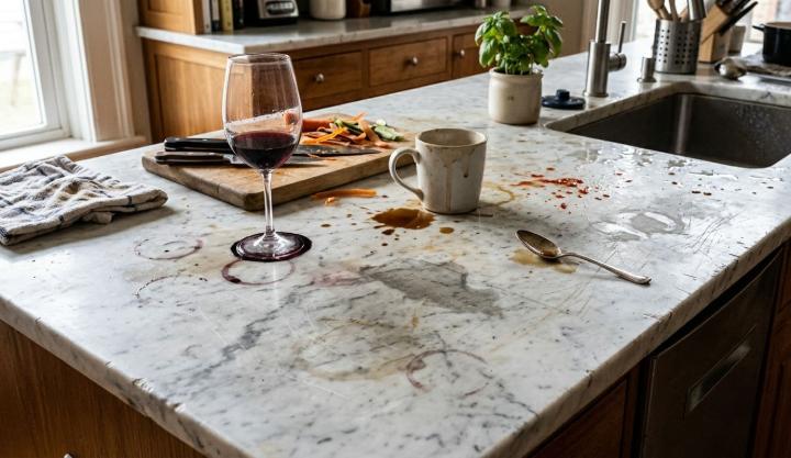 Marble kitchen countertop covered in stains, and scratches