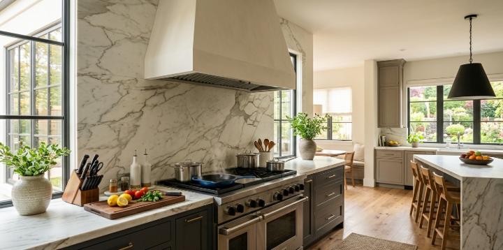 Leathered marble kitchen backsplash