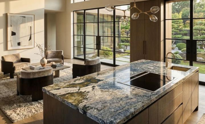 Blue granite kitchen island countertop