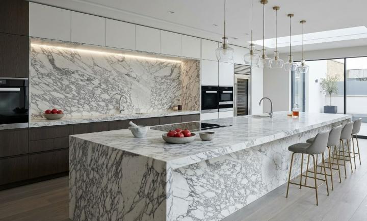 White marble slab with bold grey veining used as kitchen island and backsplash.