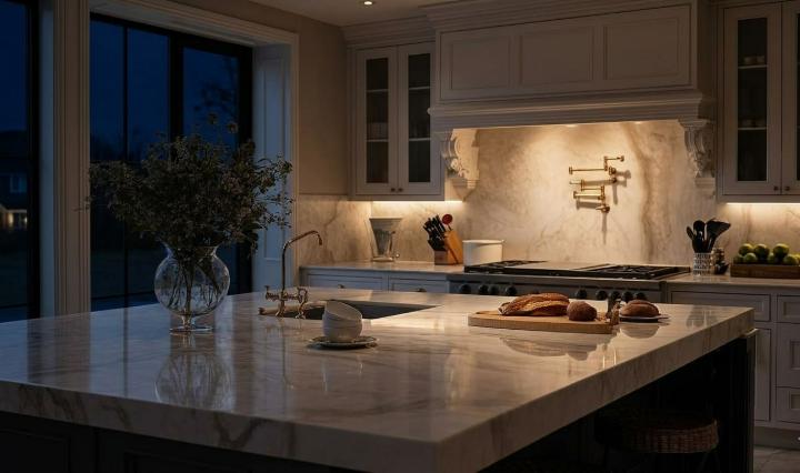 Polished white marble slab countertop and backsplash with soft grey veining in a warmly lit classic kitchen.