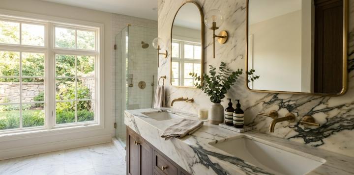 White marble slab with dramatic dark veining on bathroom vanity countertop and accent wall.