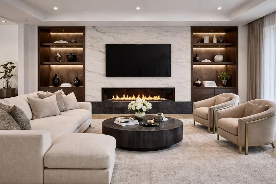 Elegant modern living room with Mont Blanc quartzite leathered wall
