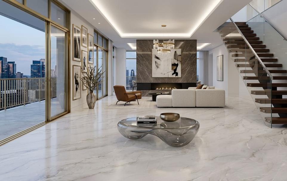 Modern luxury living room with polished Mont Blanc quartzite floors