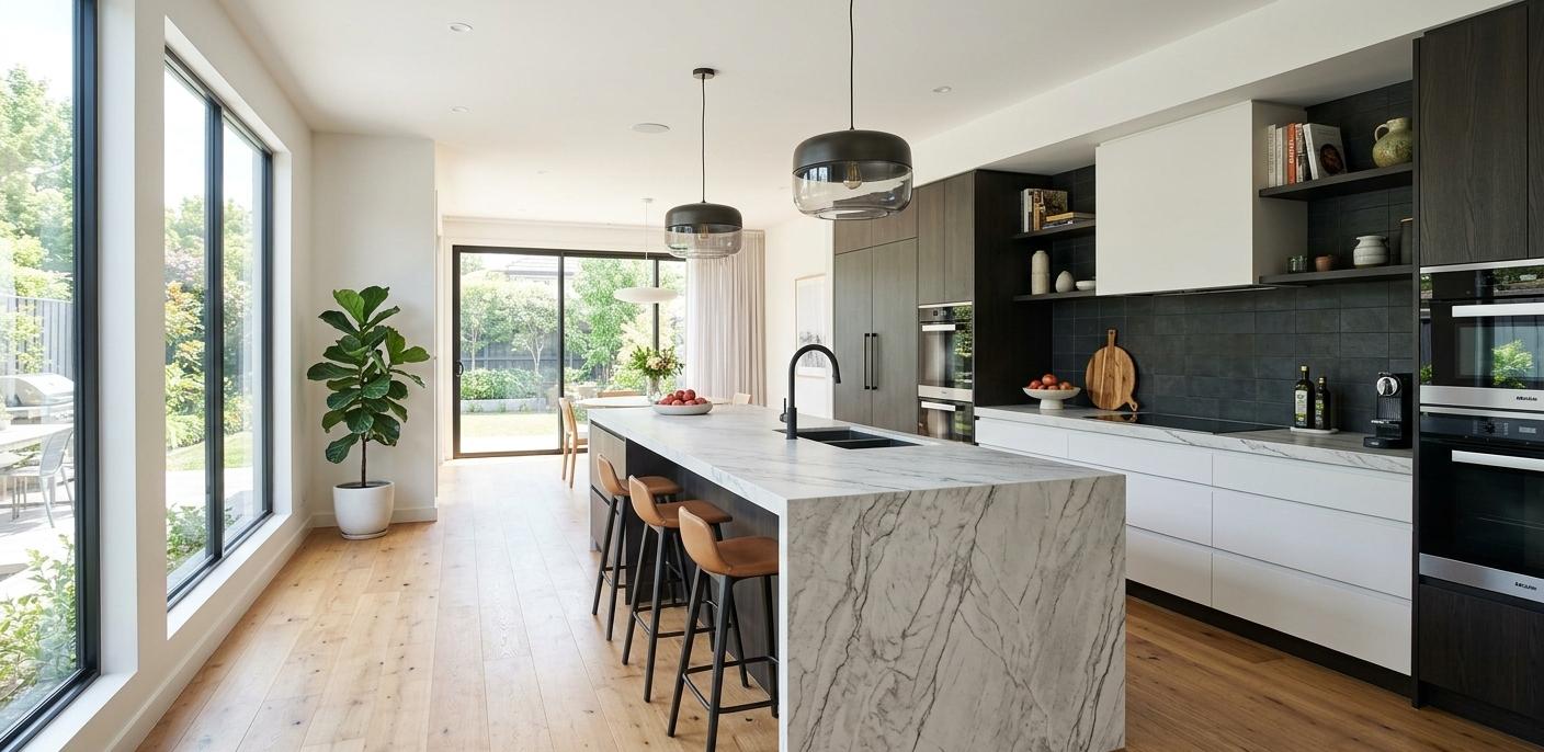 Mont Blanc quartzite island countertop with waterfall edge detail in a contemporary kitchen