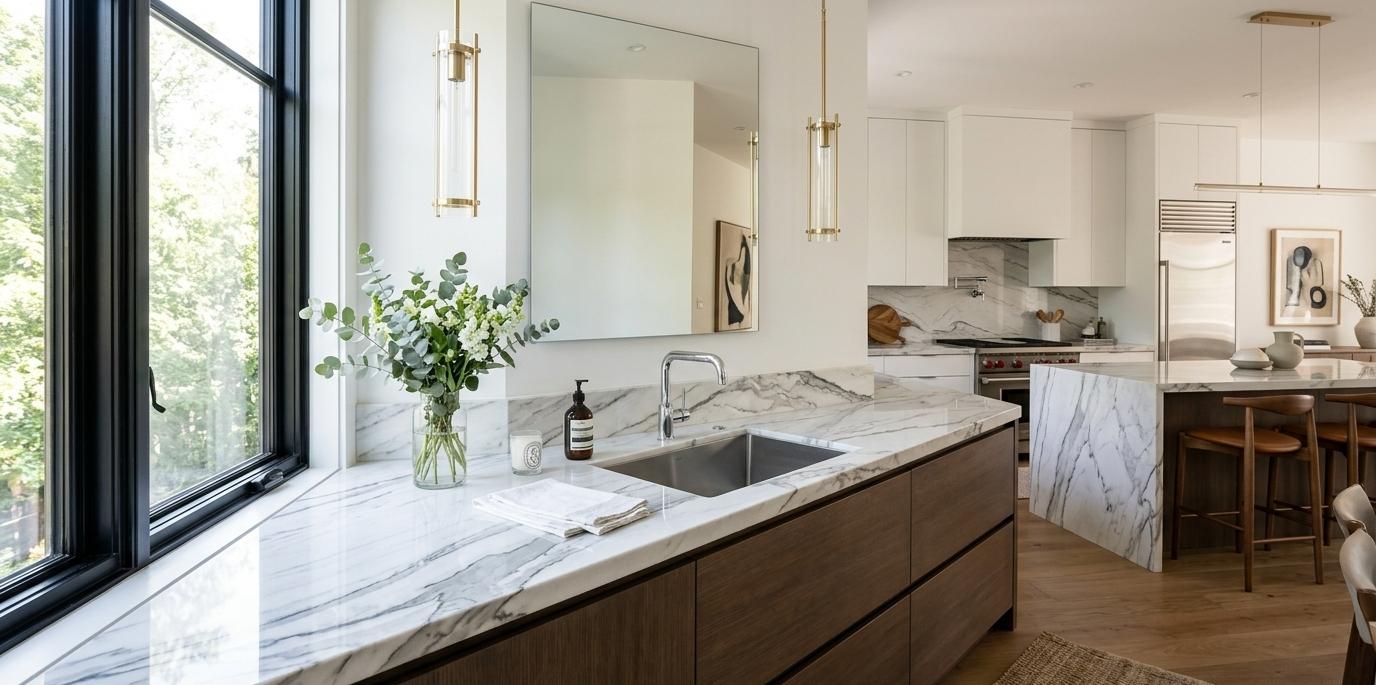 Mont Blanc quartzite vanity top with polished finish