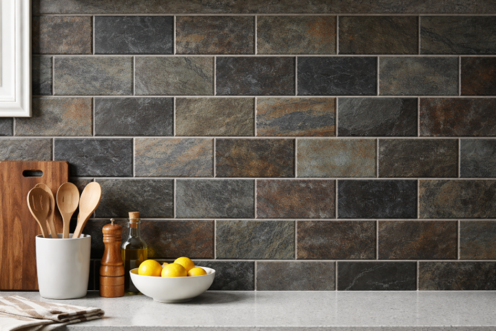 Dark slate-look subway tile kitchen backsplash