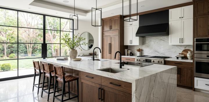 Quartzite kitchen island white veined natural stone slab