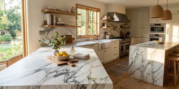 Calacatta marble leathered in kitchen