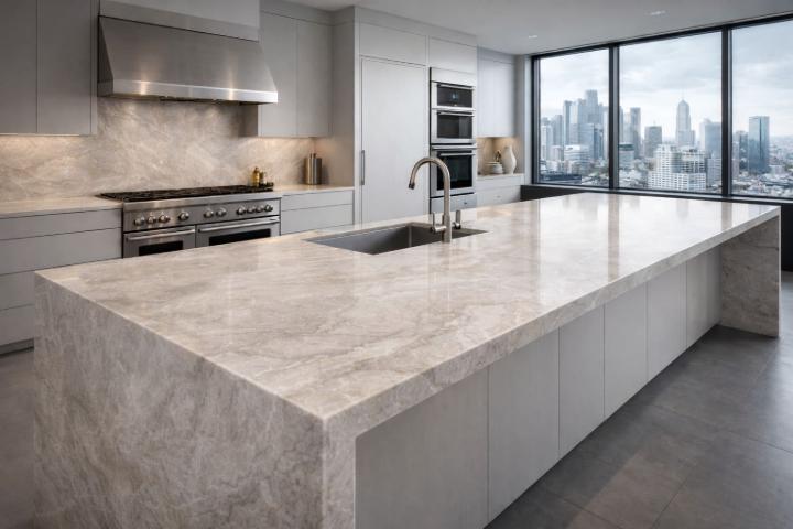 European kitchen with Taj Mahal quartzite island and skyline view