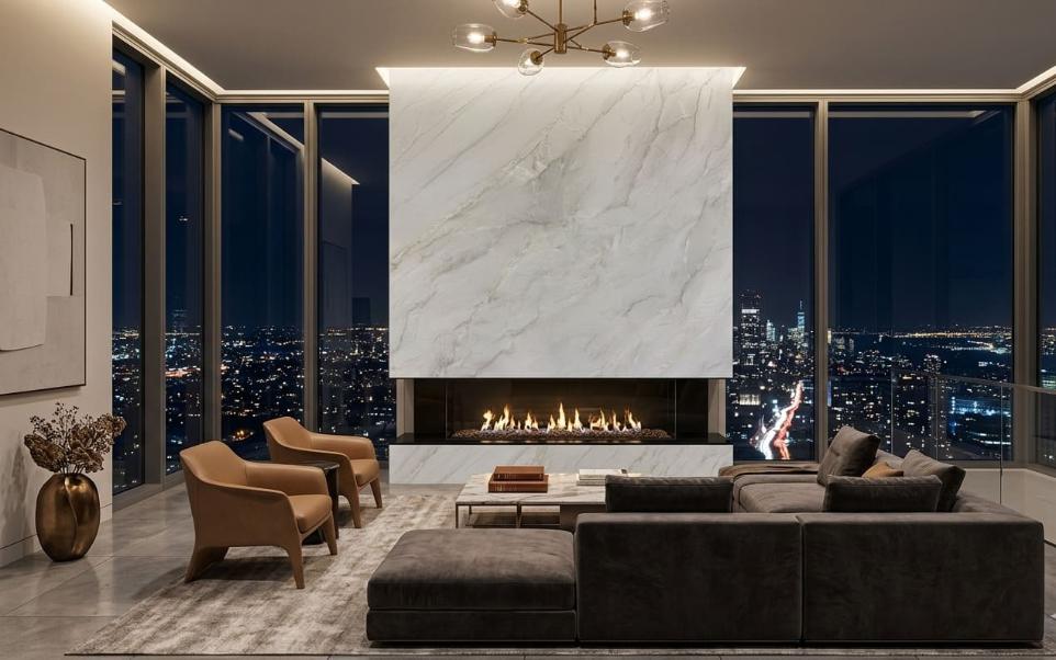 Living room with a seamless Mont Blanc quartzite fireplace and stunning city skyline views