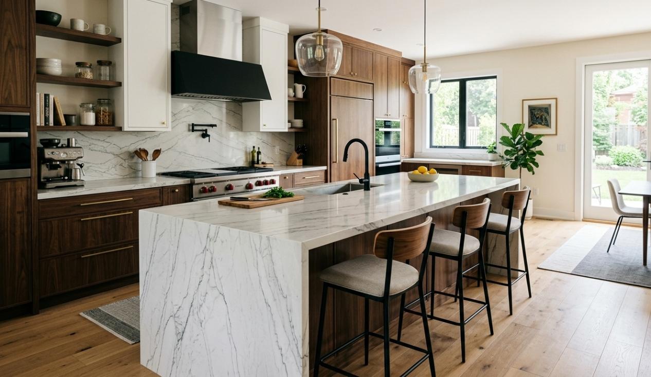 Mont Blanc quartzite island countertop with polished white surface
