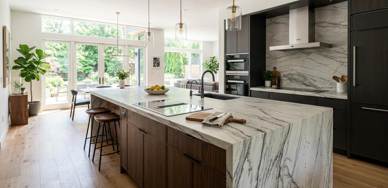 Leathered finish Mont Blanc quartzite island countertop with waterfall edge