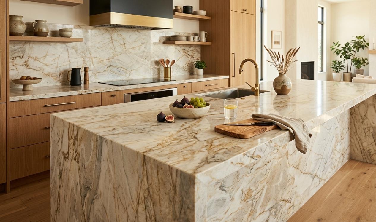 Close-up of Mont Blanc quartzite slab showing distinctive cream base with natural gold and gray veining