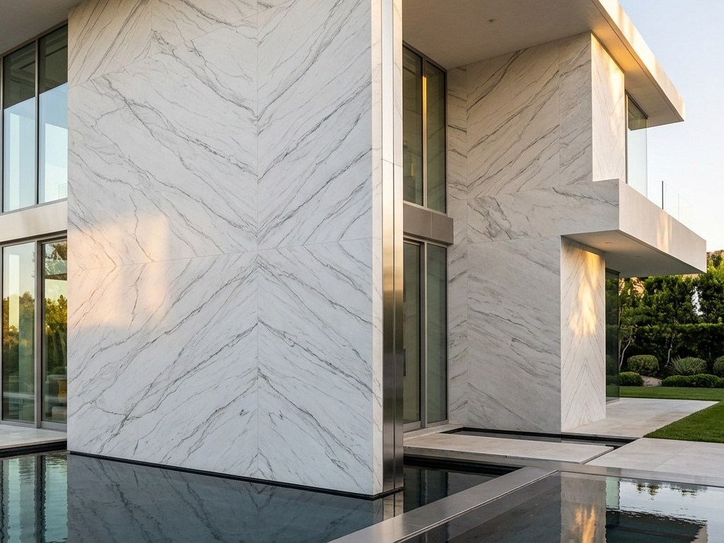 A sleek building exterior showcasing Mont Blanc Quartzite Exterior Wall near a pool