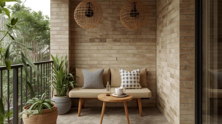 Beige subway tile walls in a cozy outdoor balcony seating area