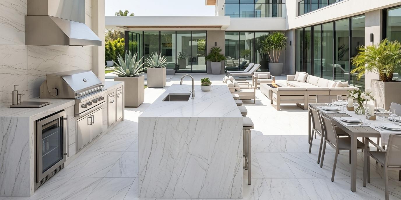 Honed Mont Blanc Quartzite slab installed on a modern outdoor patio