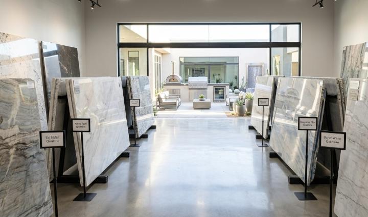 Premium natural stone slab showroom displaying quartzite selections