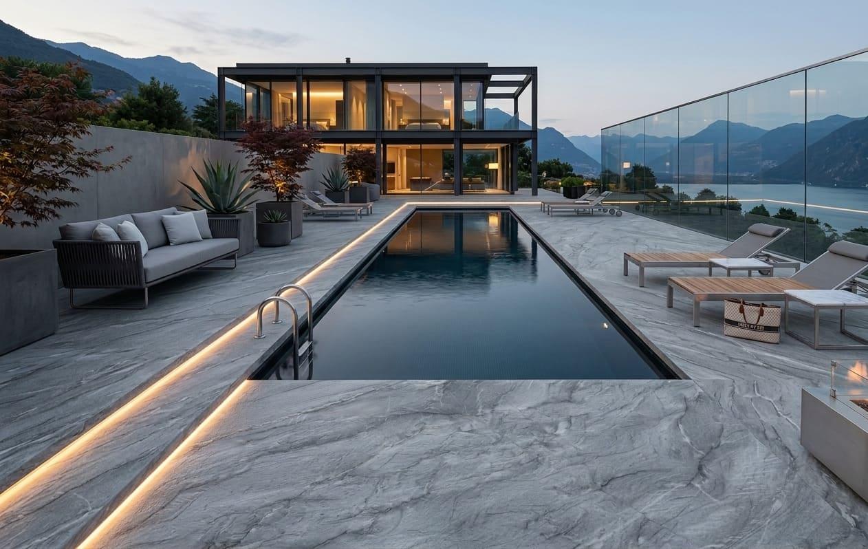 Modern infinity pool area with a specialty finished Mont Blanc quartzite pool deck