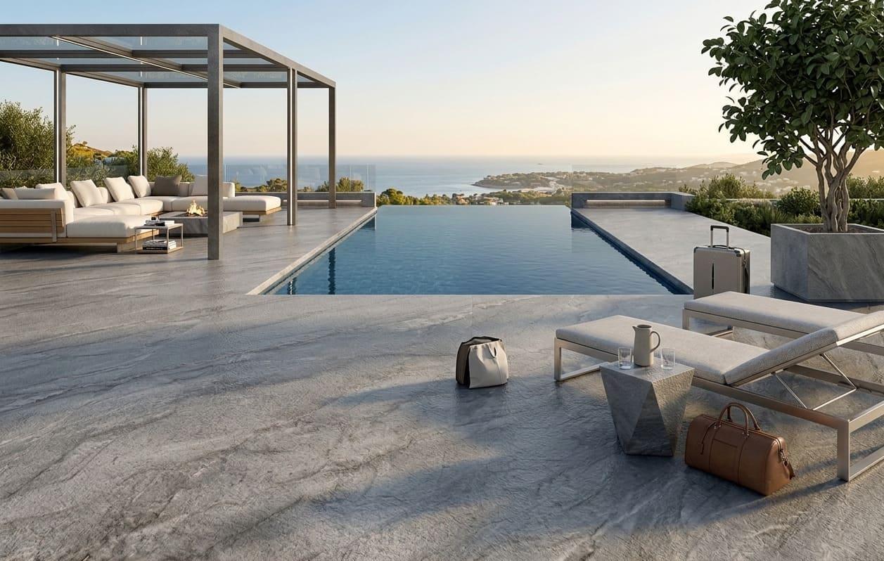 Seamless Mont Blanc quartzite pool deck in a brushed finish