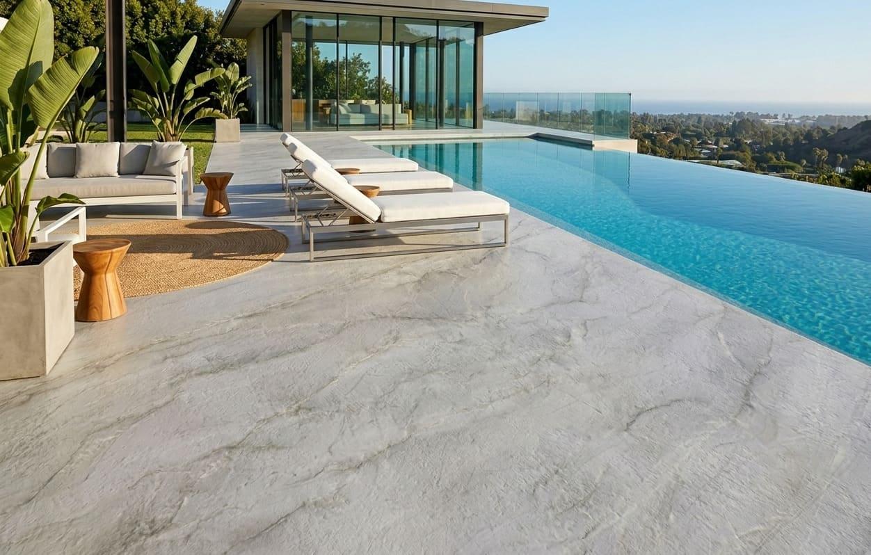 Infinity-edge swimming pool surrounded by a large Mont Blanc quartzite pool deck