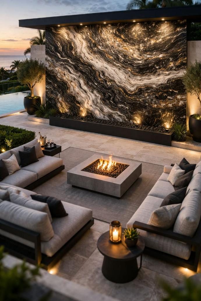 Titanium granite slab installed as an outdoor feature wall in a modern patio setting