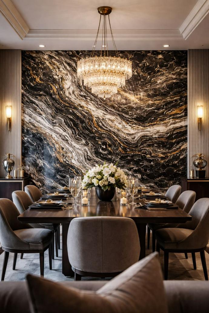 Titanium granite slab used as a dramatic feature wall in a luxury dining room