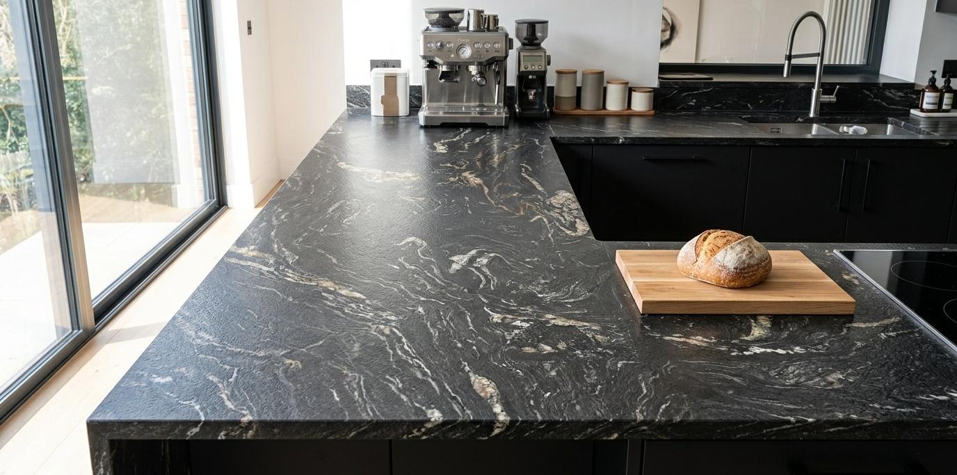 Leathered finish titanium granite countertop surface