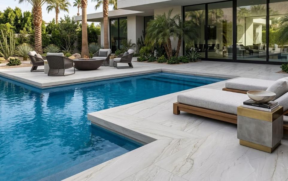 High-end luxury swimming pool with a Mont Blanc quartzite pool surround