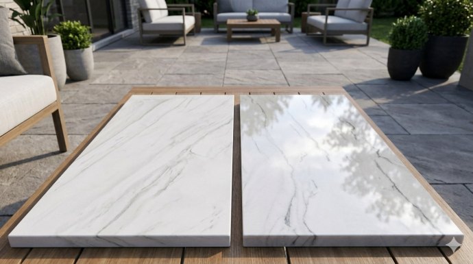 Mont Blanc Quartzite Outdoor Patio honed and polished finish samples side by side comparison