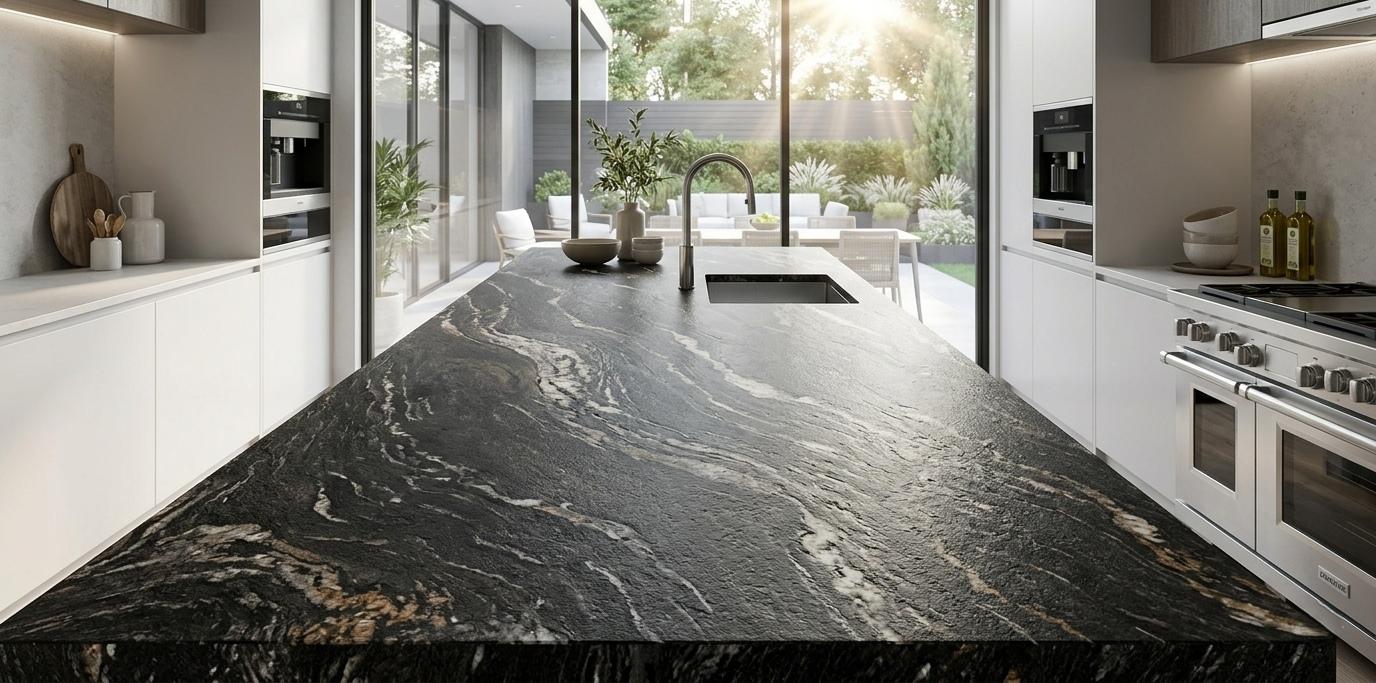 Leathered titanium granite slab close-up showing textured surface finish