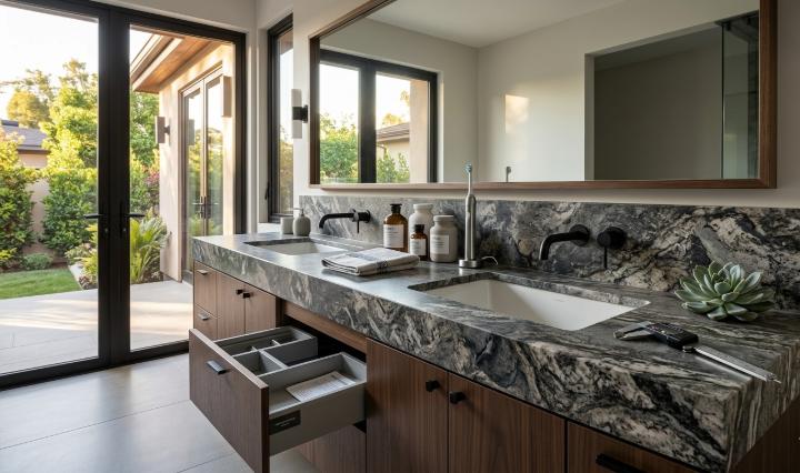 Honed titanium granite bathroom vanity top in matte finish