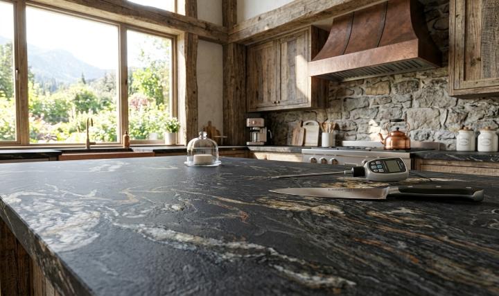 Leathered titanium granite countertop texture close-up for rustic kitchen design