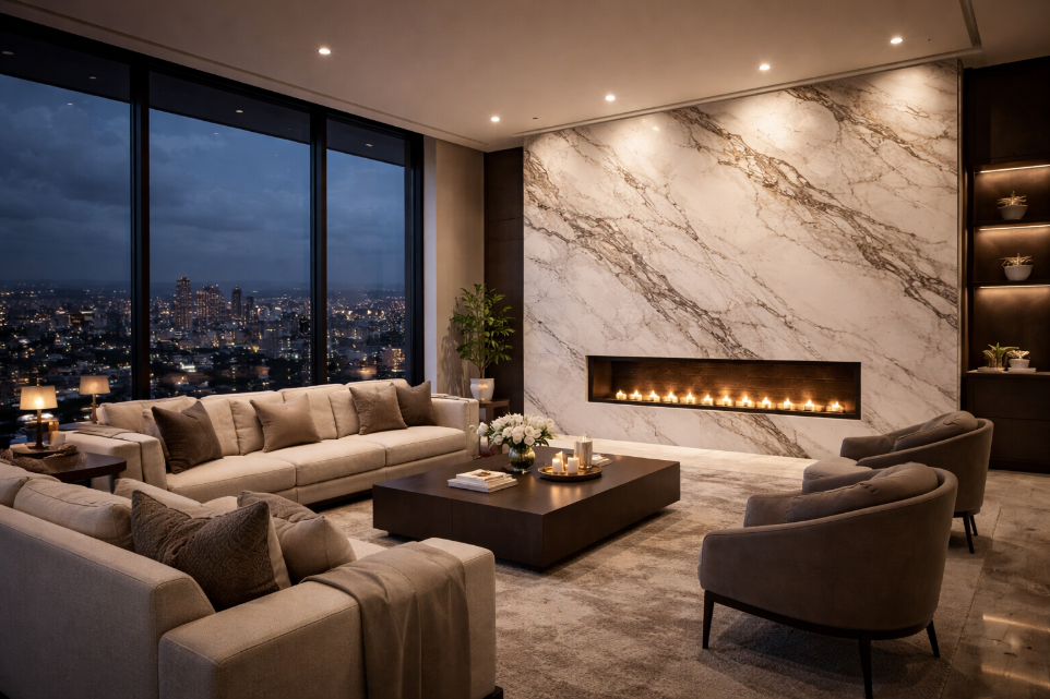 Calacatta marble accent wall with fireplace in a modern luxury living room