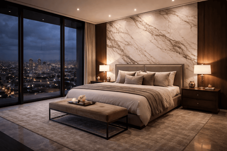 Calacatta marble accent wall behind a bed in a modern luxury bedroom