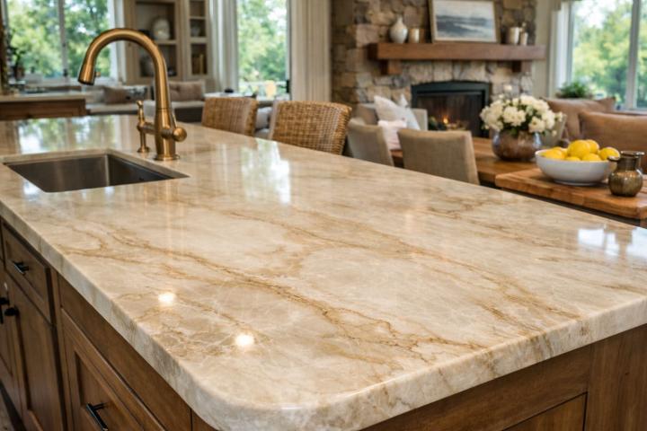 Taj Mahal quartzite kitchen countertop in a modern kitchen