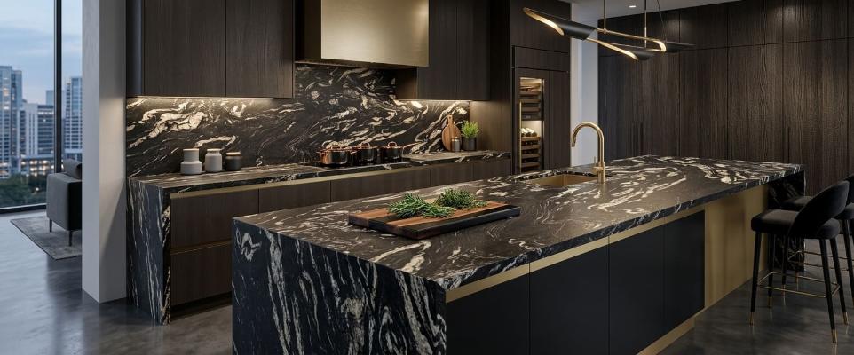 Kitchen featuring countertops and island made from leathered titanium granite