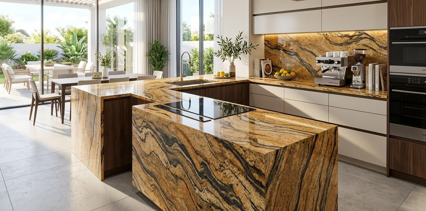 Titanium Gold Granite polished slab with warm gold tones