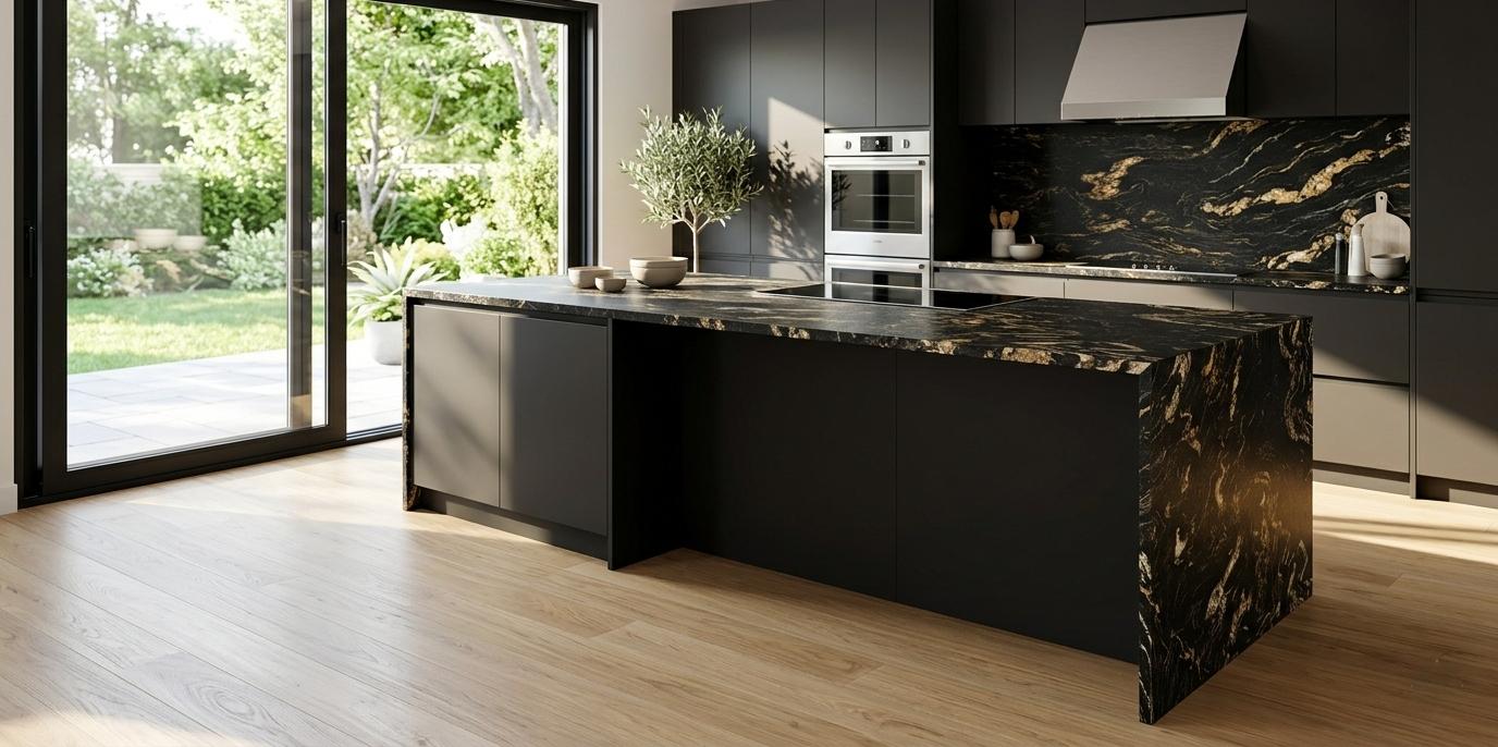 Leathered Titanium Gold Granite kitchen island with waterfall edge