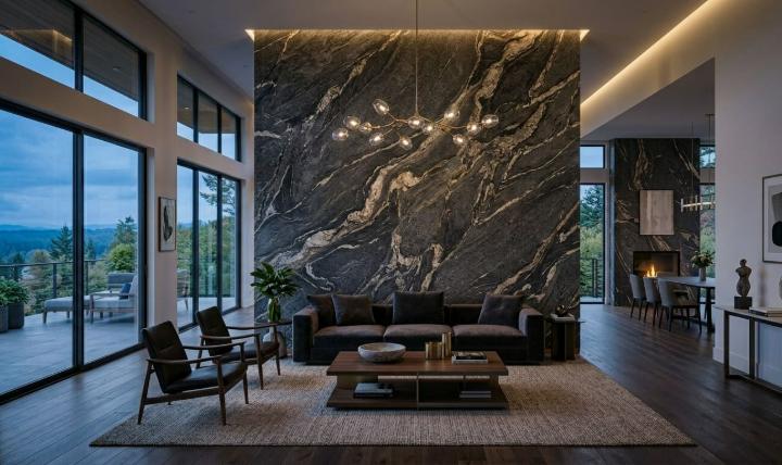 Titanium granite accent wall in a modern living room with floor-to-ceiling natural stone installation