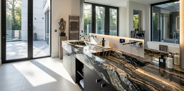 Titanium granite bathroom countertops with polished finish on a double vanity in a modern bathroom
