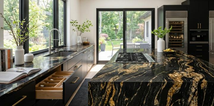 Titanium granite countertops with polished finish on a kitchen island and perimeter surfaces in a modern kitchen